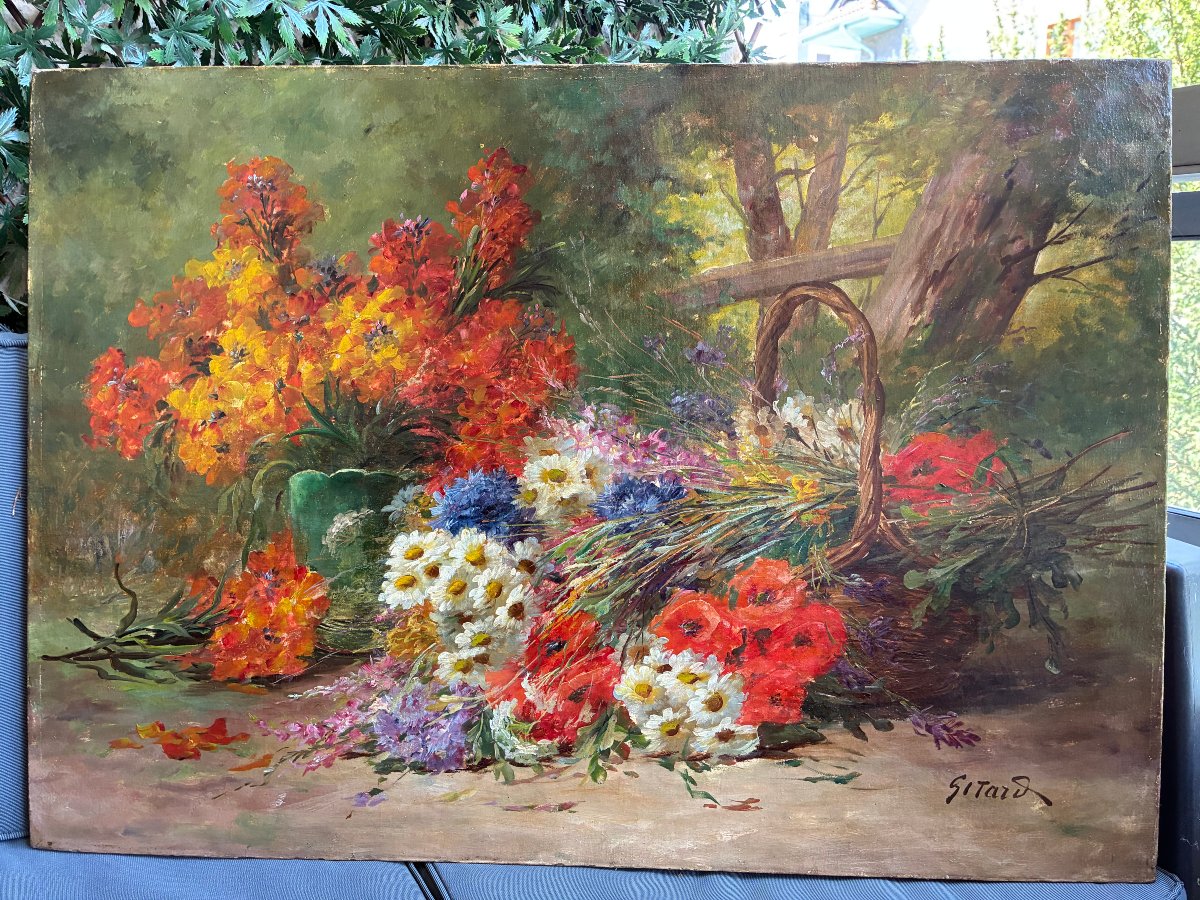 Grande huile sur toile. Composition florale dans un sous-bois.
