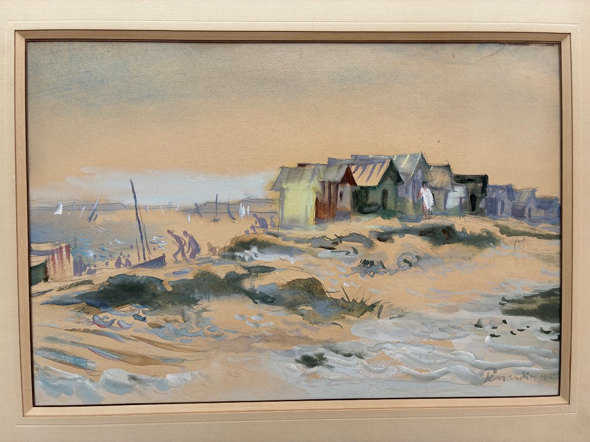 The Bustling Beach And The Beach Huts. Watercolor And Gouache By Paul Perraudin (1907–1993)-photo-4