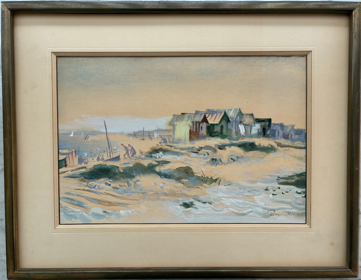 The Bustling Beach And The Beach Huts. Watercolor And Gouache By Paul Perraudin (1907–1993)