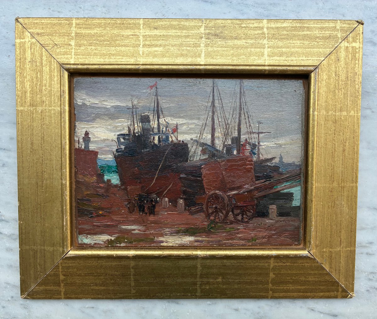 The Harbor Docks. Small Oil Painting On Cardboard, Circa 1930.-photo-2