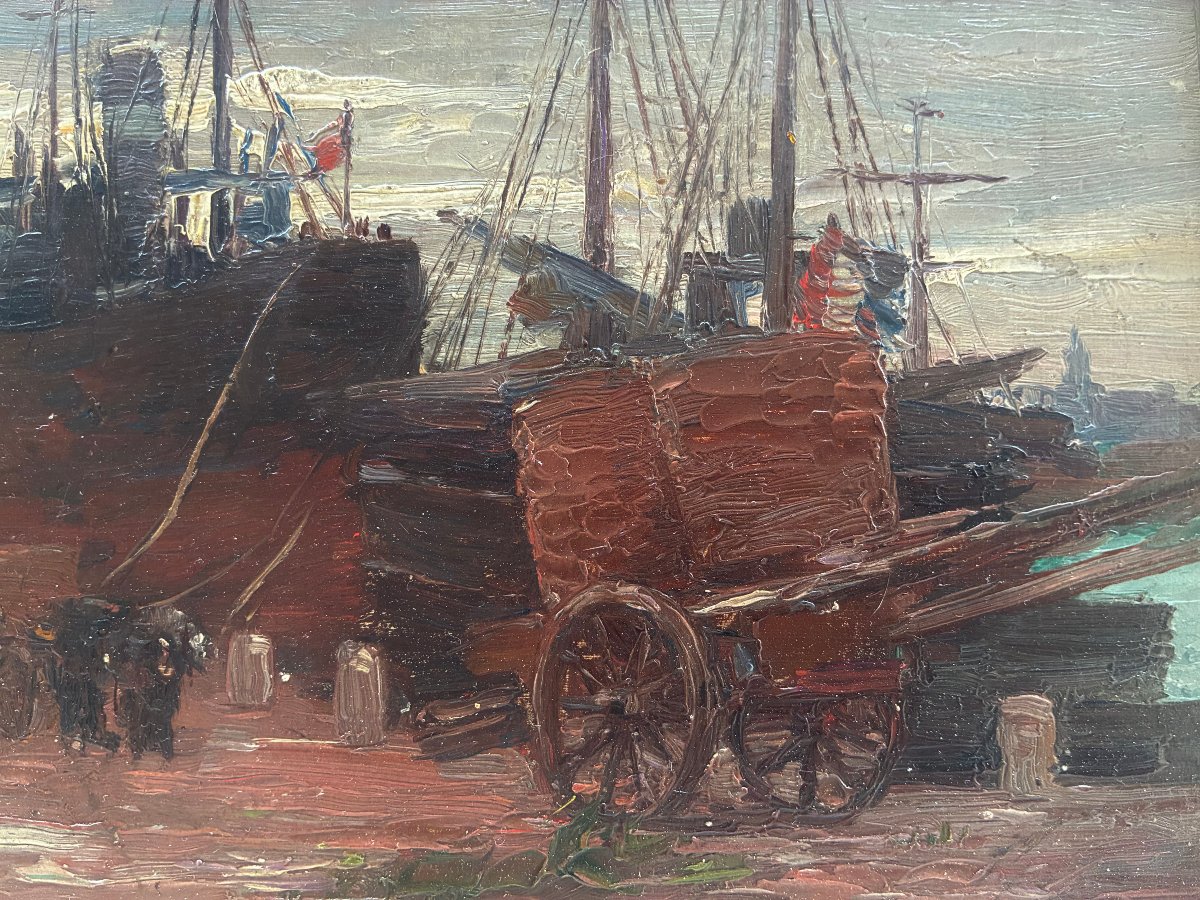 The Harbor Docks. Small Oil Painting On Cardboard, Circa 1930.-photo-3