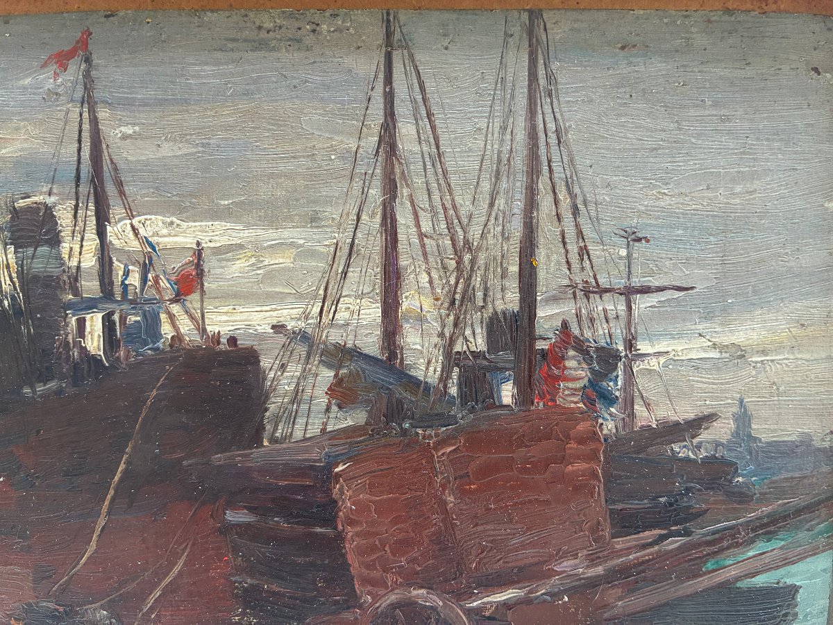 The Harbor Docks. Small Oil Painting On Cardboard, Circa 1930.-photo-4