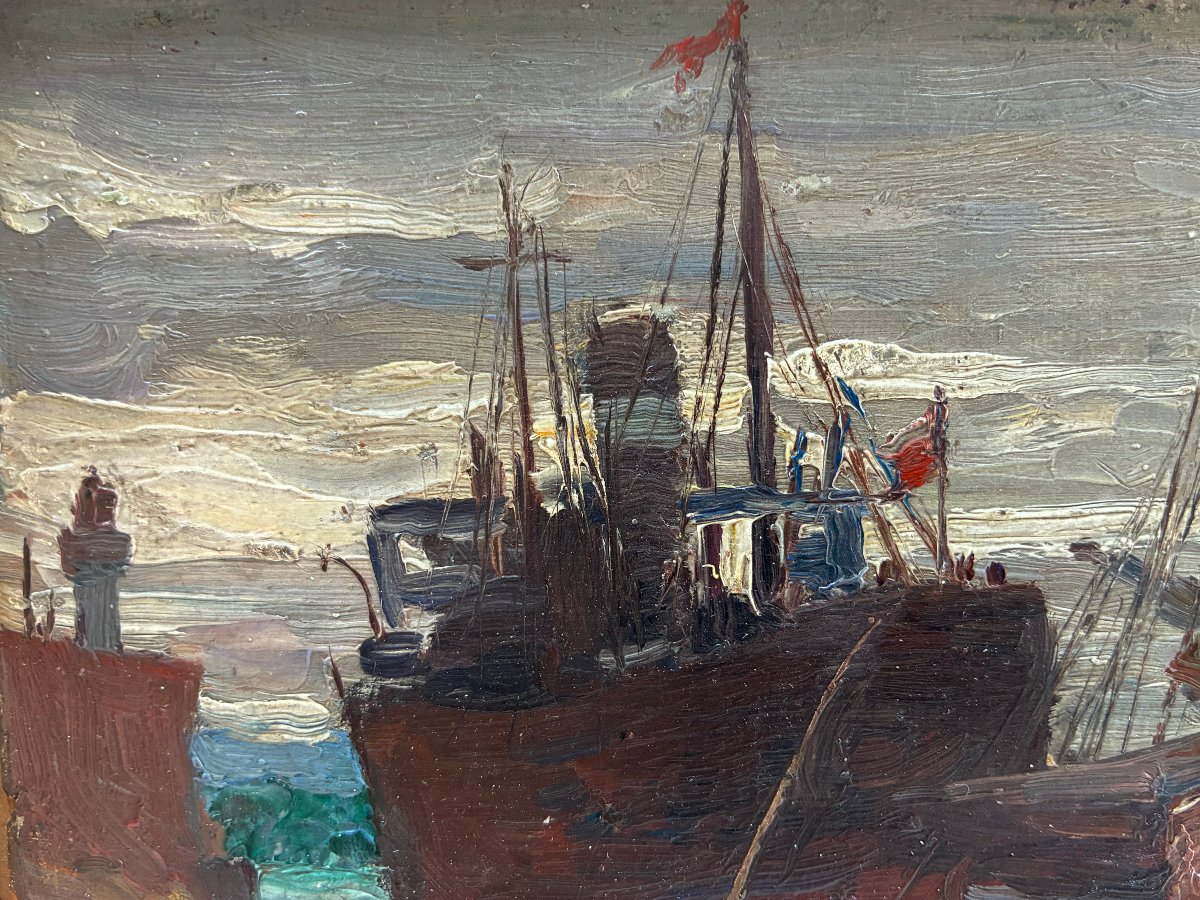 The Harbor Docks. Small Oil Painting On Cardboard, Circa 1930.-photo-1