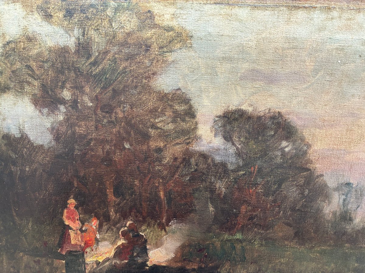 Clair de lune autour du feu. Ecole de L 'est du XXème . signé ?-photo-3
