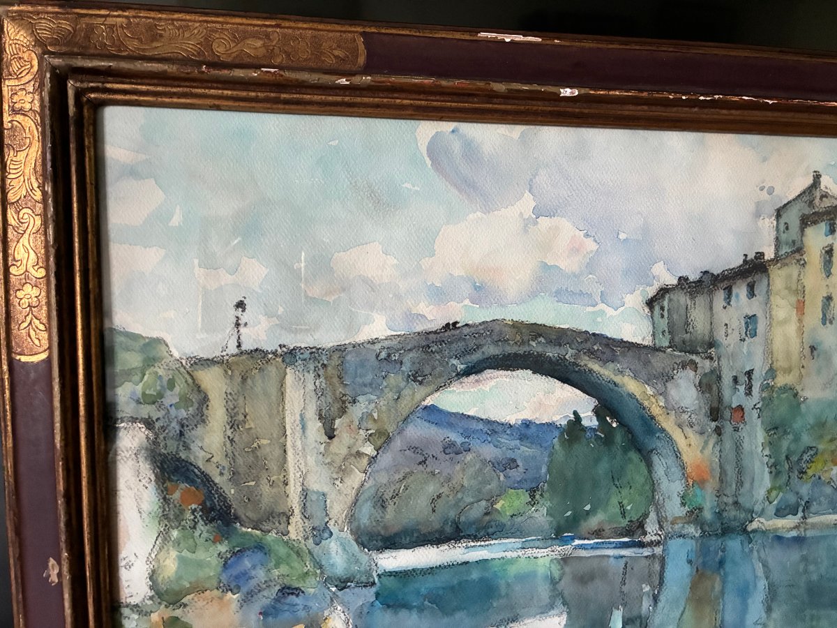 Aquarelle de Louis Agricol Montagné.  Le vieux pont du Vigan ( Gard ). Effet de Matin.-photo-4