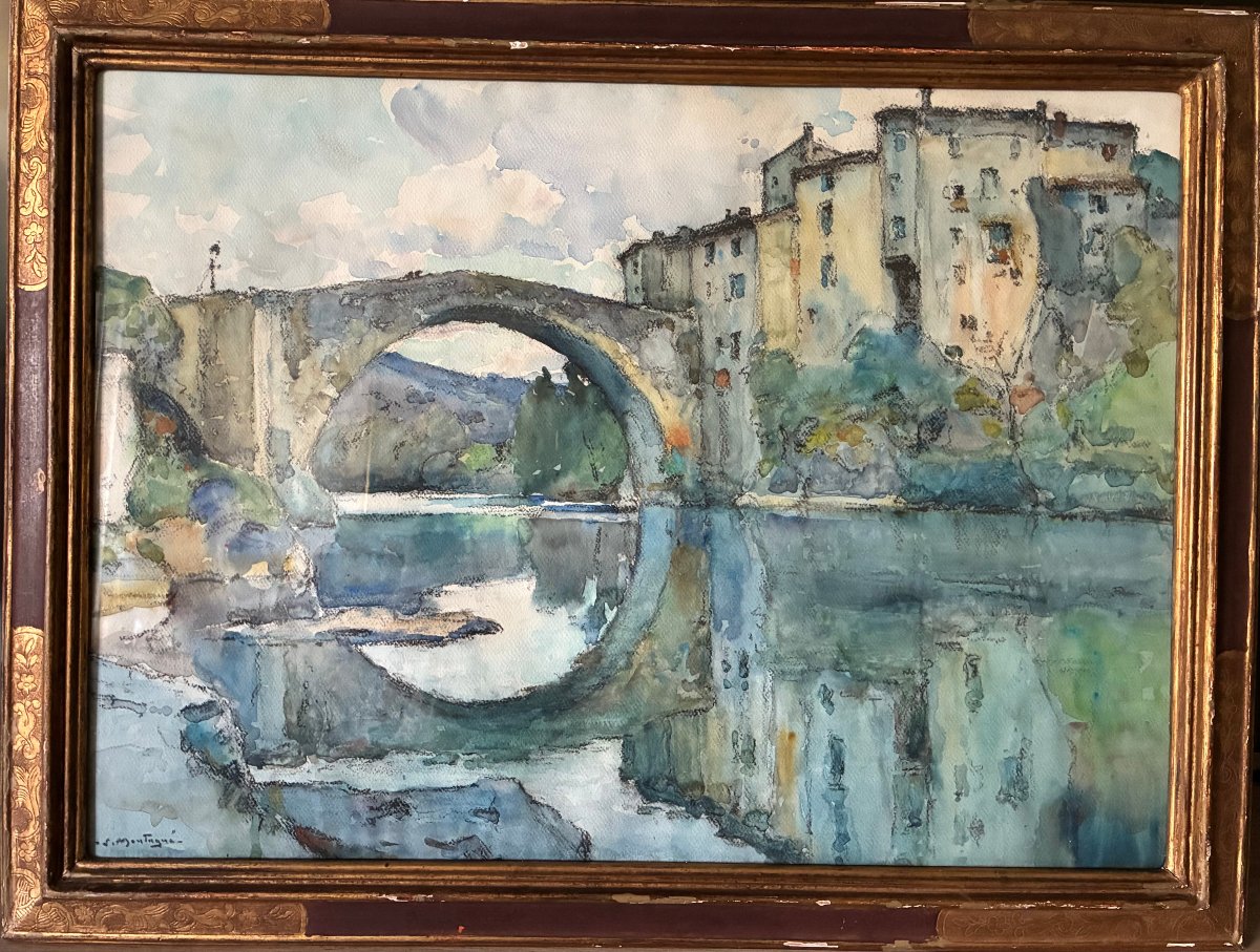 Aquarelle de Louis Agricol Montagné.  Le vieux pont du Vigan ( Gard ). Effet de Matin.