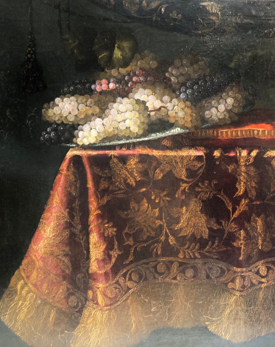 Grande nature morte fin du XVIIème siècle . Raisins sur un entablement. Attribué à A. GIANLISI.-photo-3