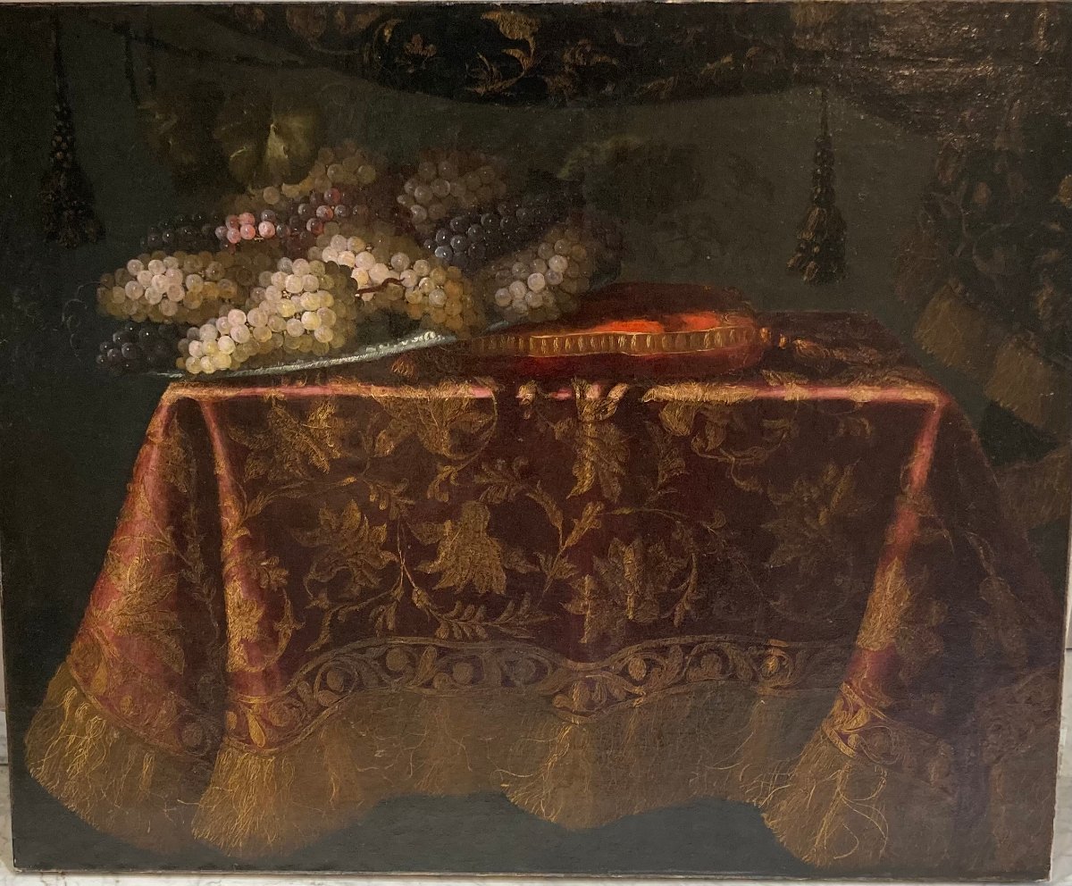 Grande nature morte fin du XVIIème siècle . Raisins sur un entablement. Attribué à A. GIANLISI.