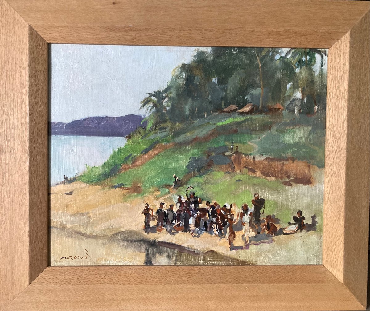 Oil On Panel. Villagers By The River. Guilherme D’olivera Marques (1887–1960).
