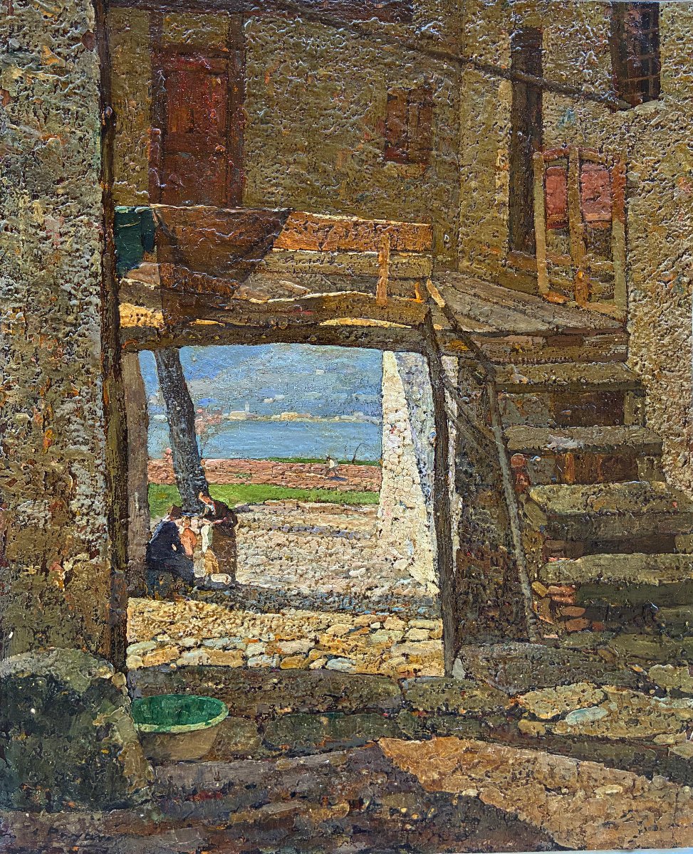 Le Passage sous la maison. H/P post-impressionniste des années 1930-40. signature à déchiffrer.