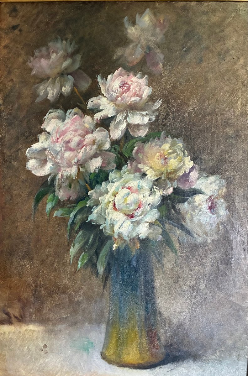 Bouquet de pivoines . Marcel de Chollet. Huile sur toile.-photo-2