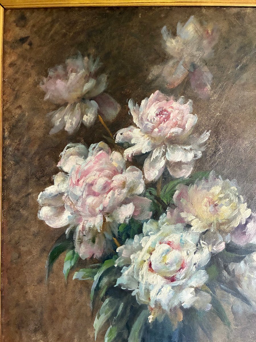 Bouquet de pivoines . Marcel de Chollet. Huile sur toile.-photo-3