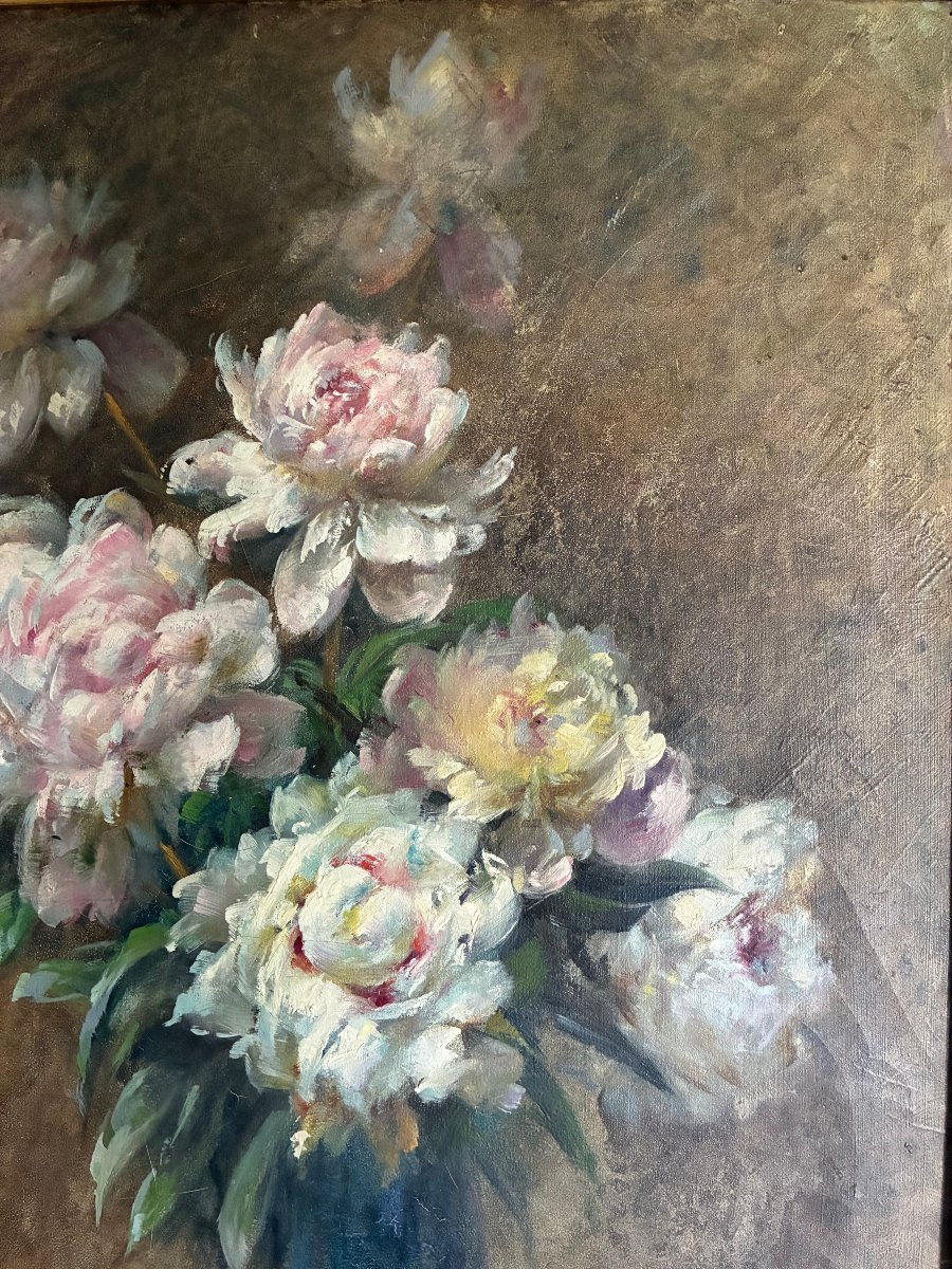 Bouquet de pivoines . Marcel de Chollet. Huile sur toile.-photo-4