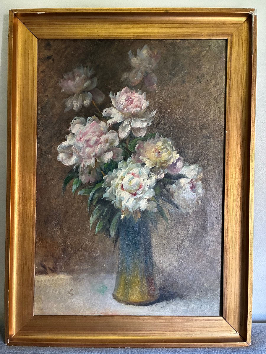 Bouquet de pivoines . Marcel de Chollet. Huile sur toile.