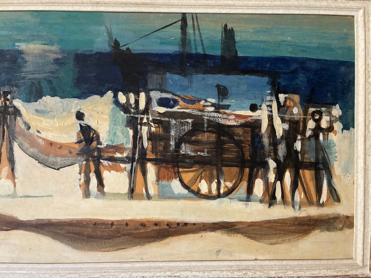 Lively Harbor. Attributed To Jean-françois Liegme. Swiss School. Painting, Gouache.-photo-3