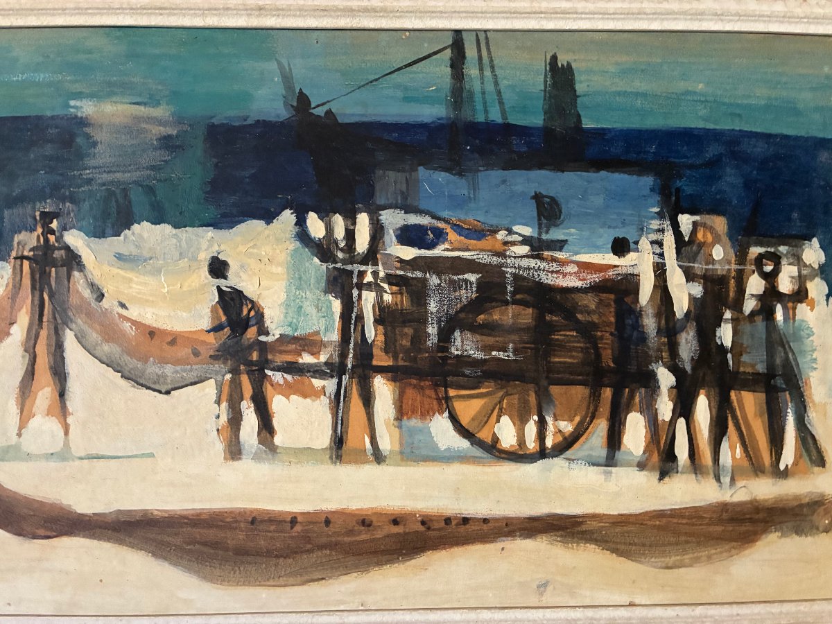 Lively Harbor. Attributed To Jean-françois Liegme. Swiss School. Painting, Gouache.-photo-4