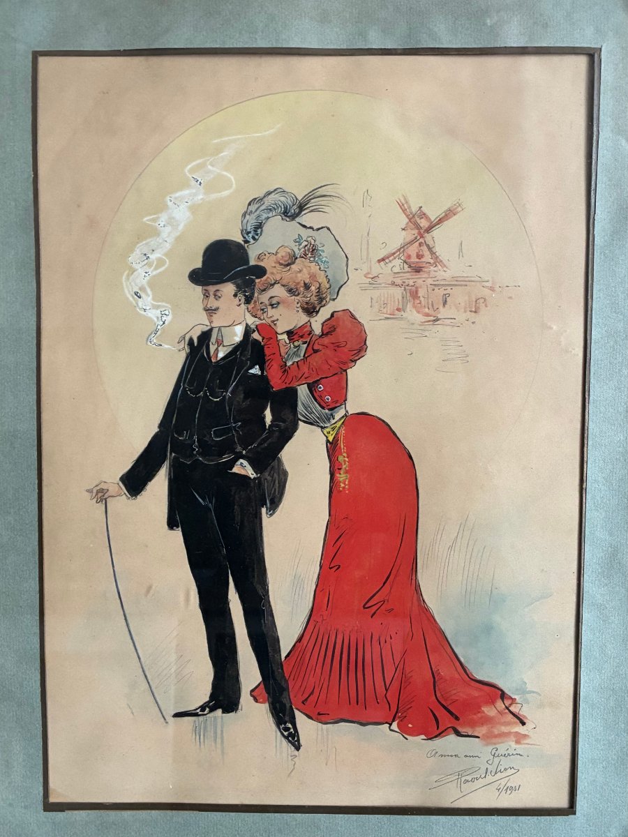 A Couple In Front Of The Moulin Rouge. Raoul Vion. Original Drawing, 1901.-photo-2