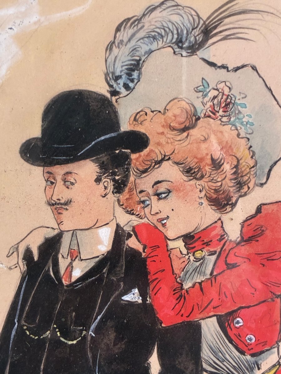 A Couple In Front Of The Moulin Rouge. Raoul Vion. Original Drawing, 1901.-photo-4