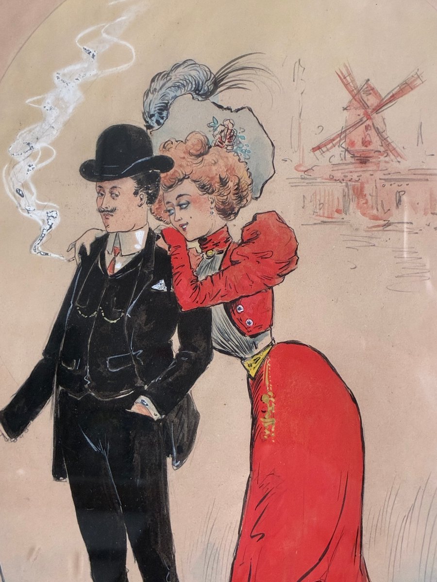 A Couple In Front Of The Moulin Rouge. Raoul Vion. Original Drawing, 1901.-photo-2