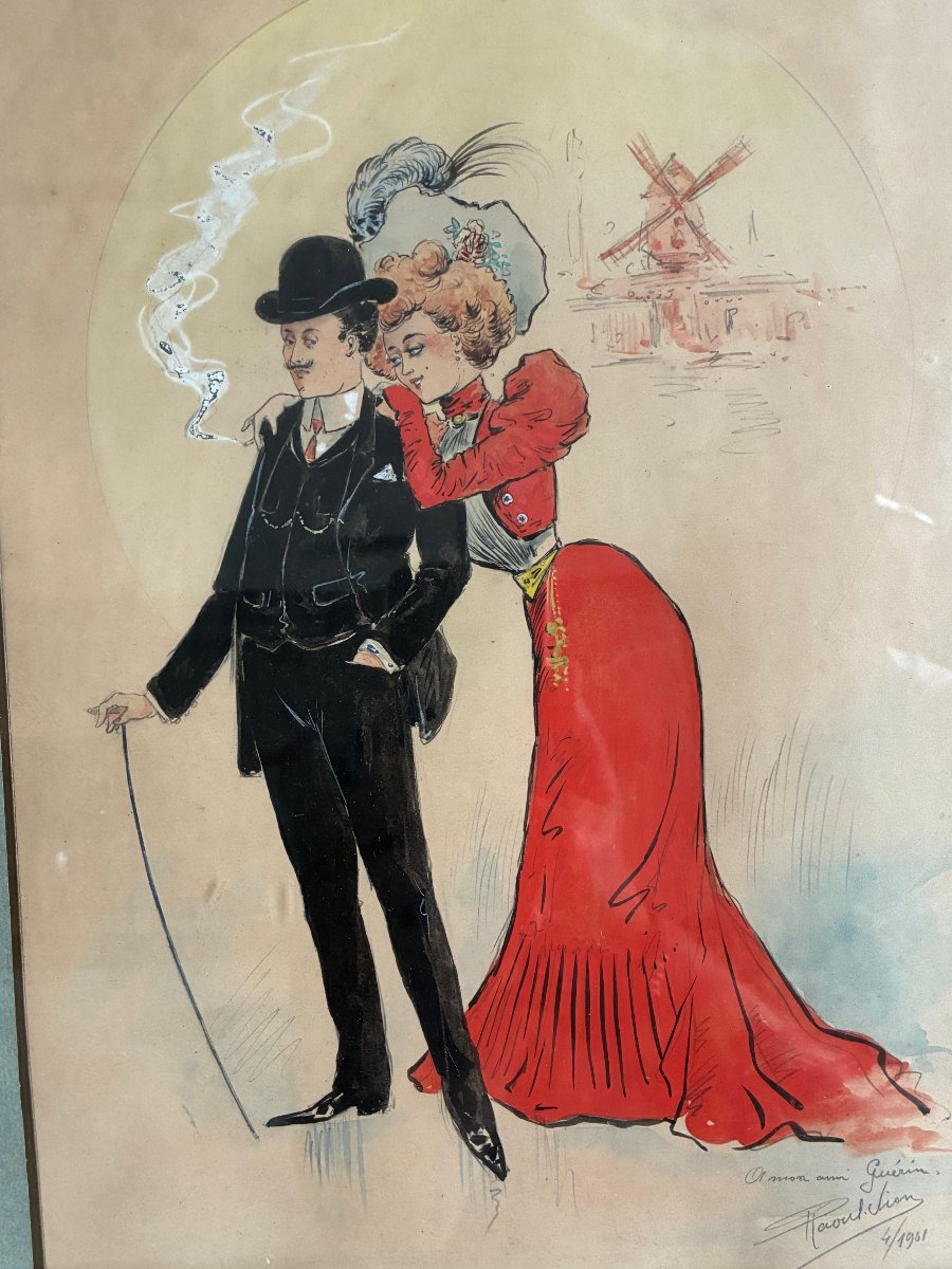 A Couple In Front Of The Moulin Rouge. Raoul Vion. Original Drawing, 1901.-photo-3