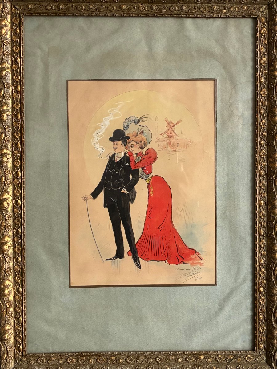 A Couple In Front Of The Moulin Rouge. Raoul Vion. Original Drawing, 1901.