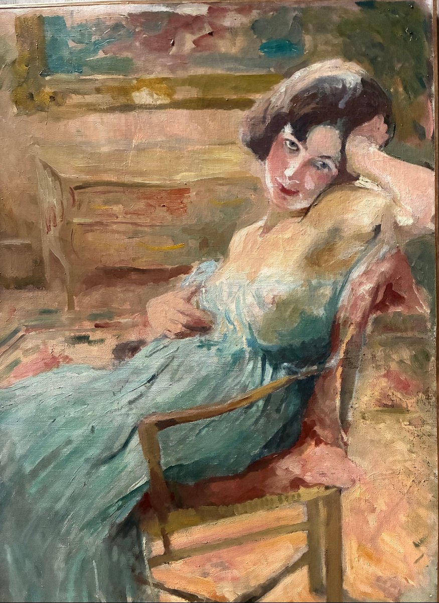  Large Canvas, Circa 1920.  A Charming Young Woman In An Interior Setting.-photo-2