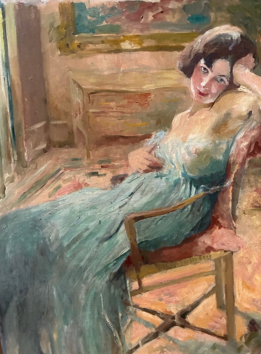  Large Canvas, Circa 1920.  A Charming Young Woman In An Interior Setting.-photo-3