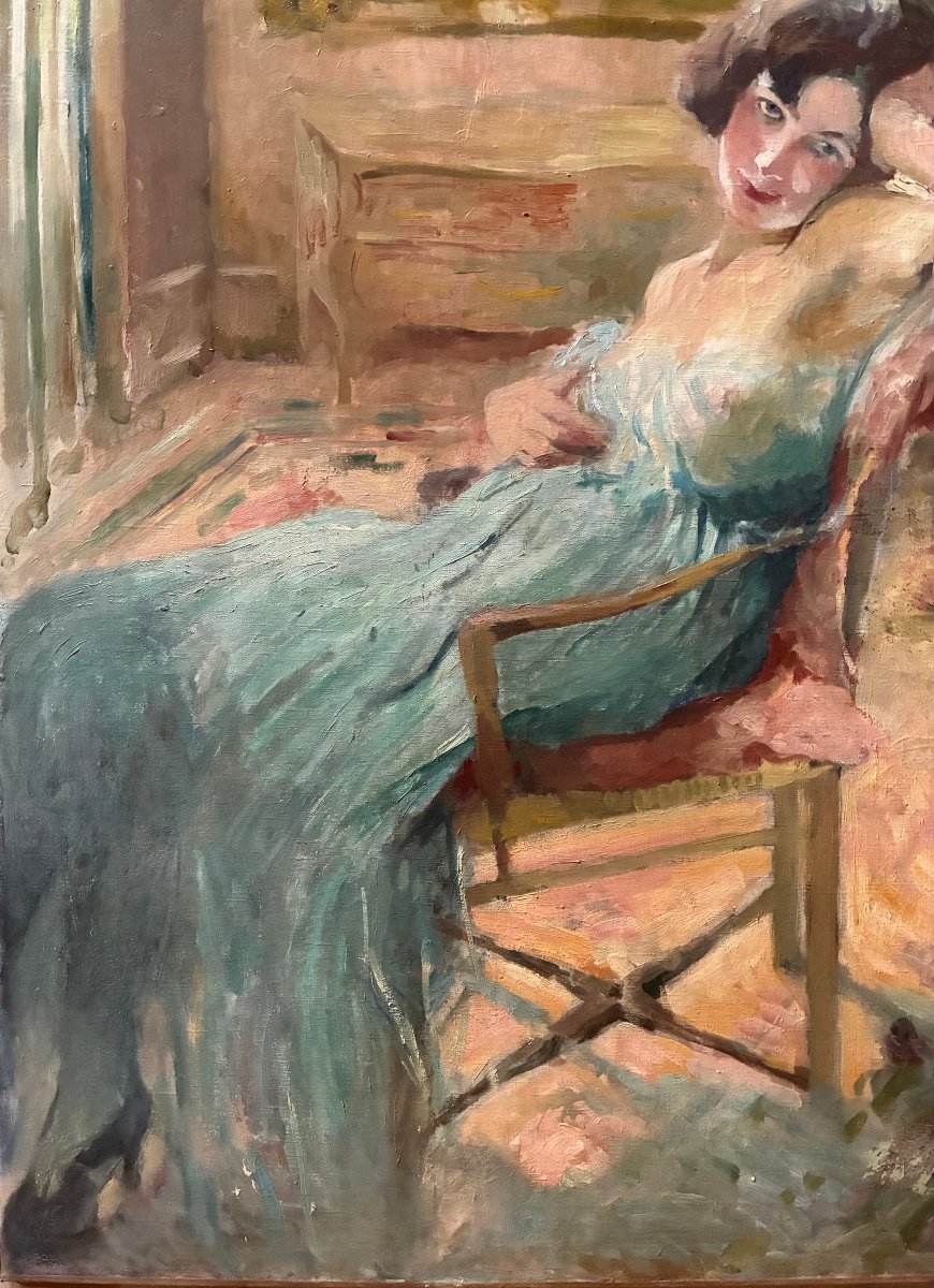  Large Canvas, Circa 1920.  A Charming Young Woman In An Interior Setting.-photo-4