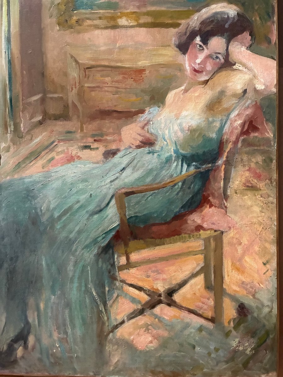  Large Canvas, Circa 1920.  A Charming Young Woman In An Interior Setting.-photo-1