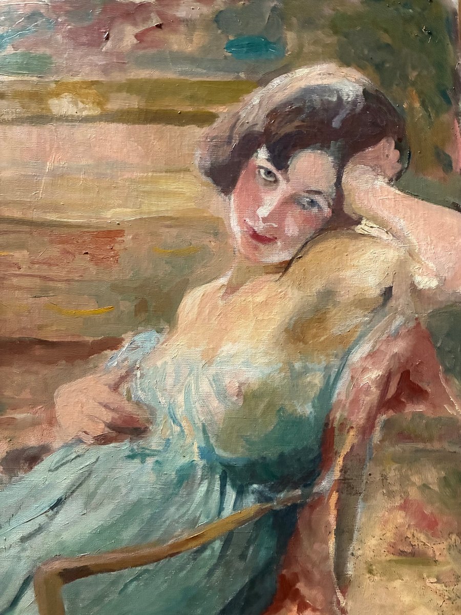  Large Canvas, Circa 1920.  A Charming Young Woman In An Interior Setting.-photo-2
