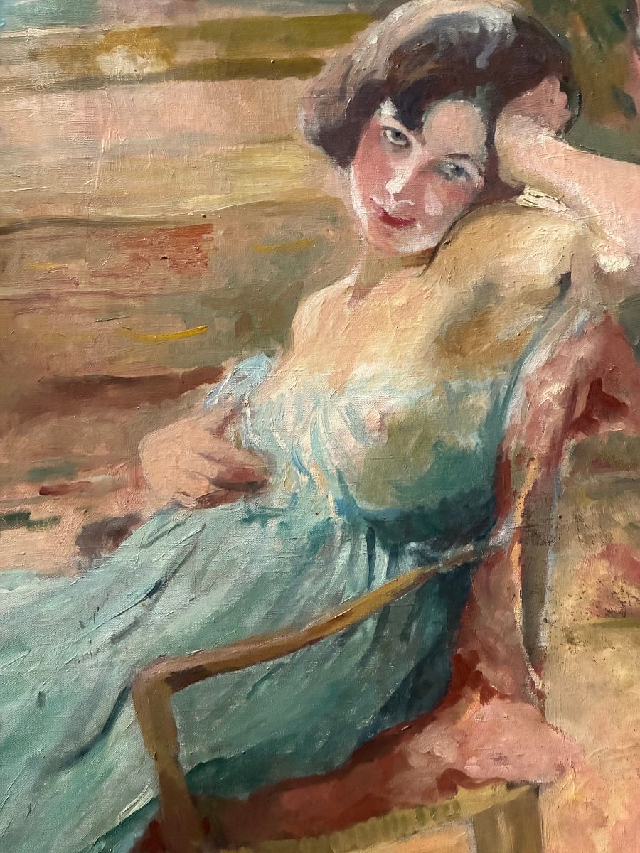  Large Canvas, Circa 1920.  A Charming Young Woman In An Interior Setting.-photo-3