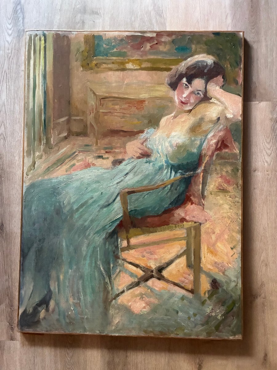  Large Canvas, Circa 1920.  A Charming Young Woman In An Interior Setting.-photo-4