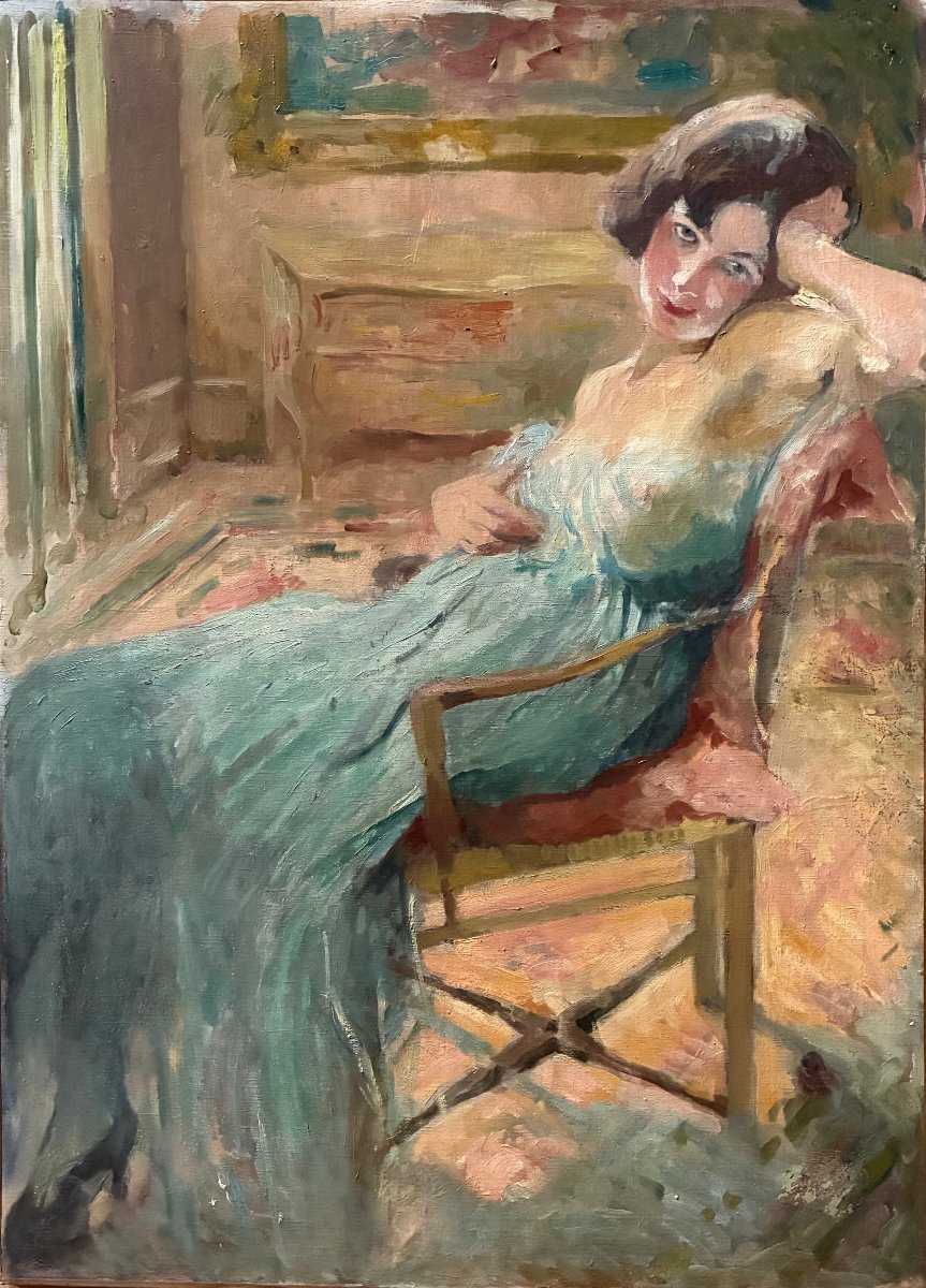  Large Canvas, Circa 1920.  A Charming Young Woman In An Interior Setting.
