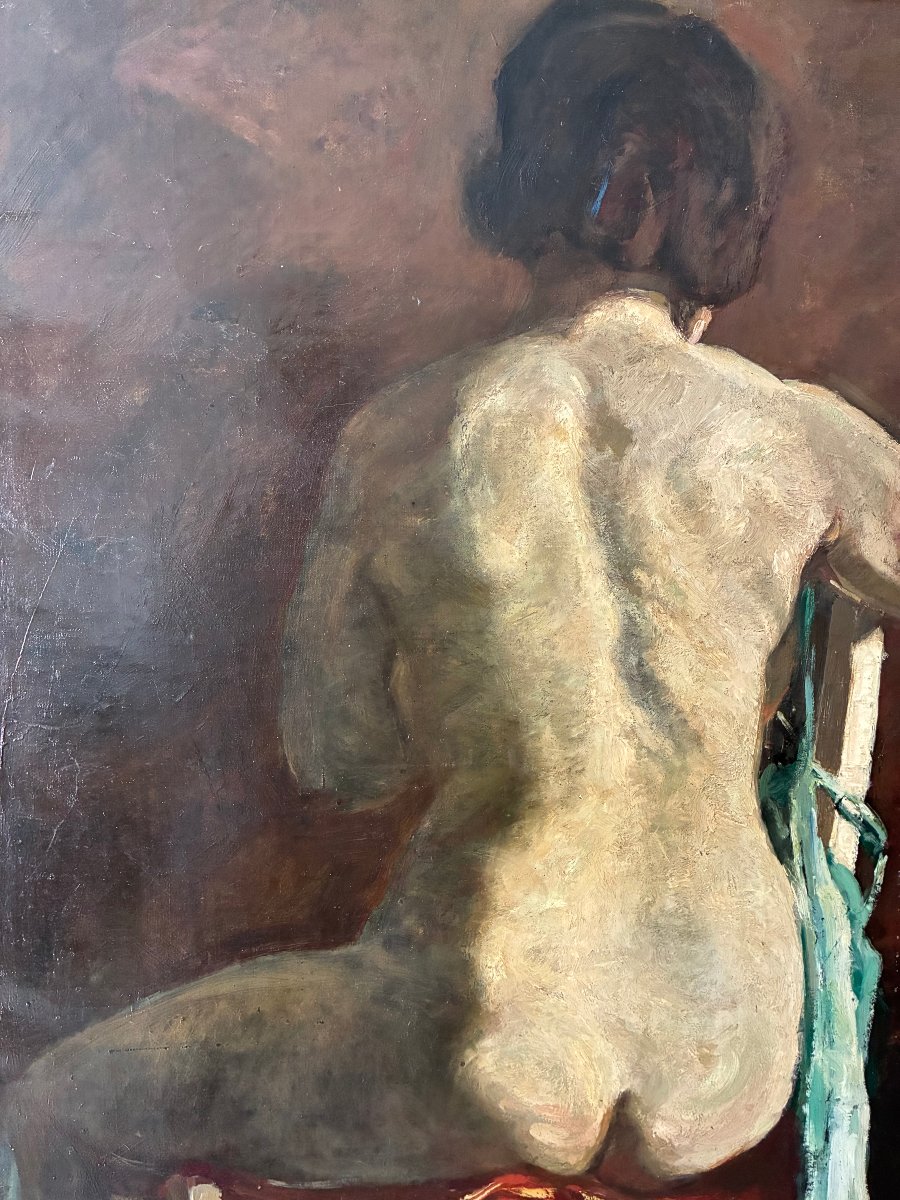 Nu assis de dos . grande toile de Maurice Rouchy. ( 1898-1975 ).-photo-2
