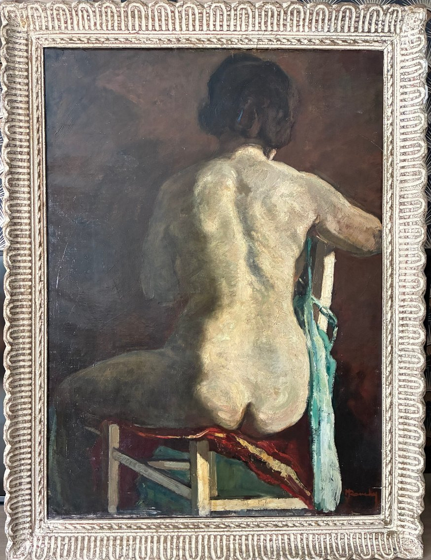 Nu assis de dos . grande toile de Maurice Rouchy. ( 1898-1975 ).