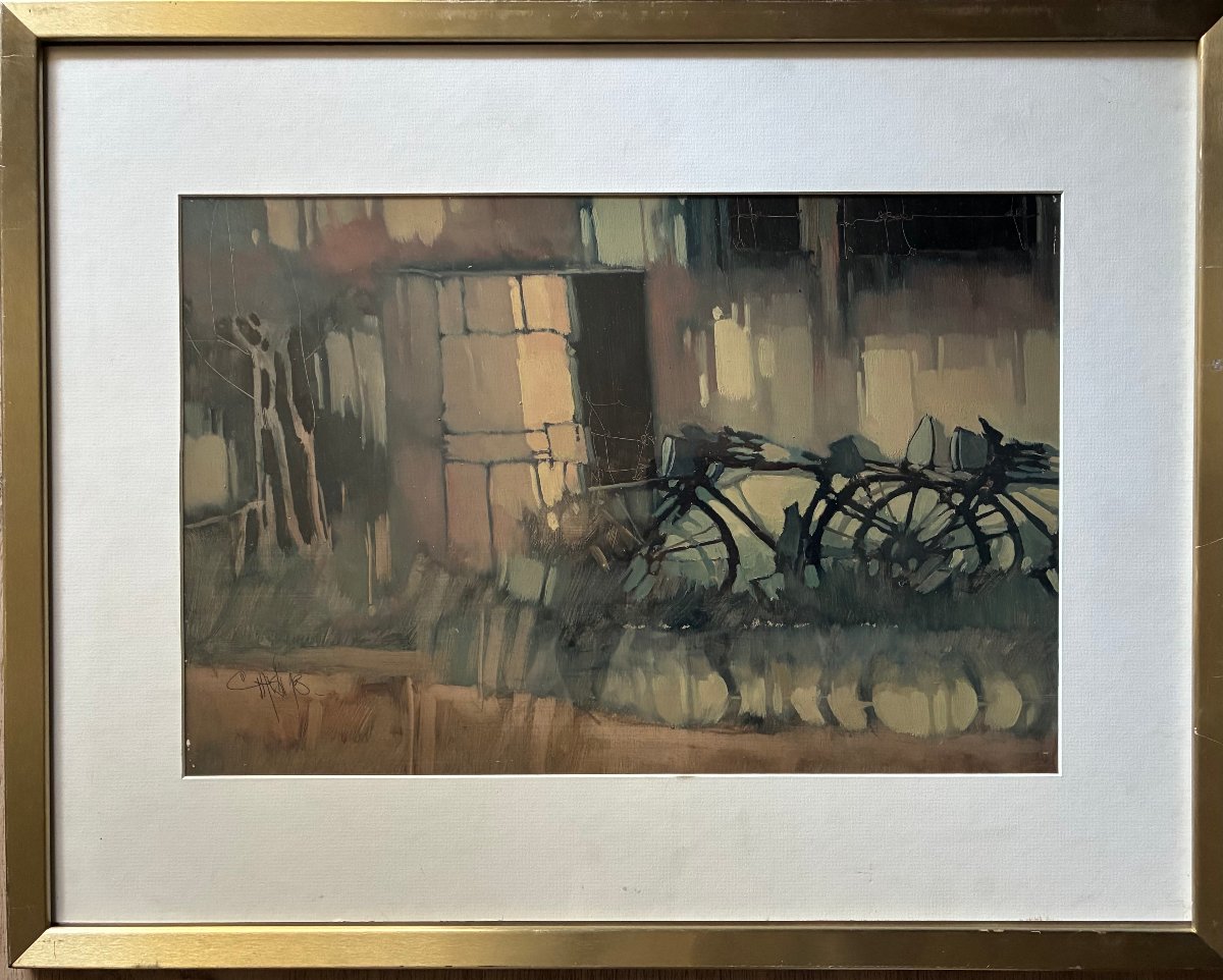 Bicycles. 20th-century Oil Painting. Signed?