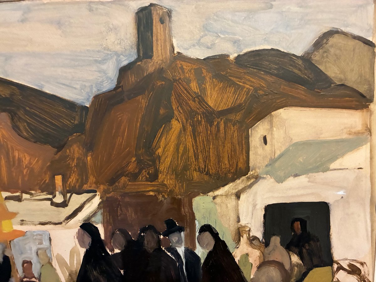 Paysage sud Américain ou Espagnol. huile sur Papier. jour de Marché.-photo-2