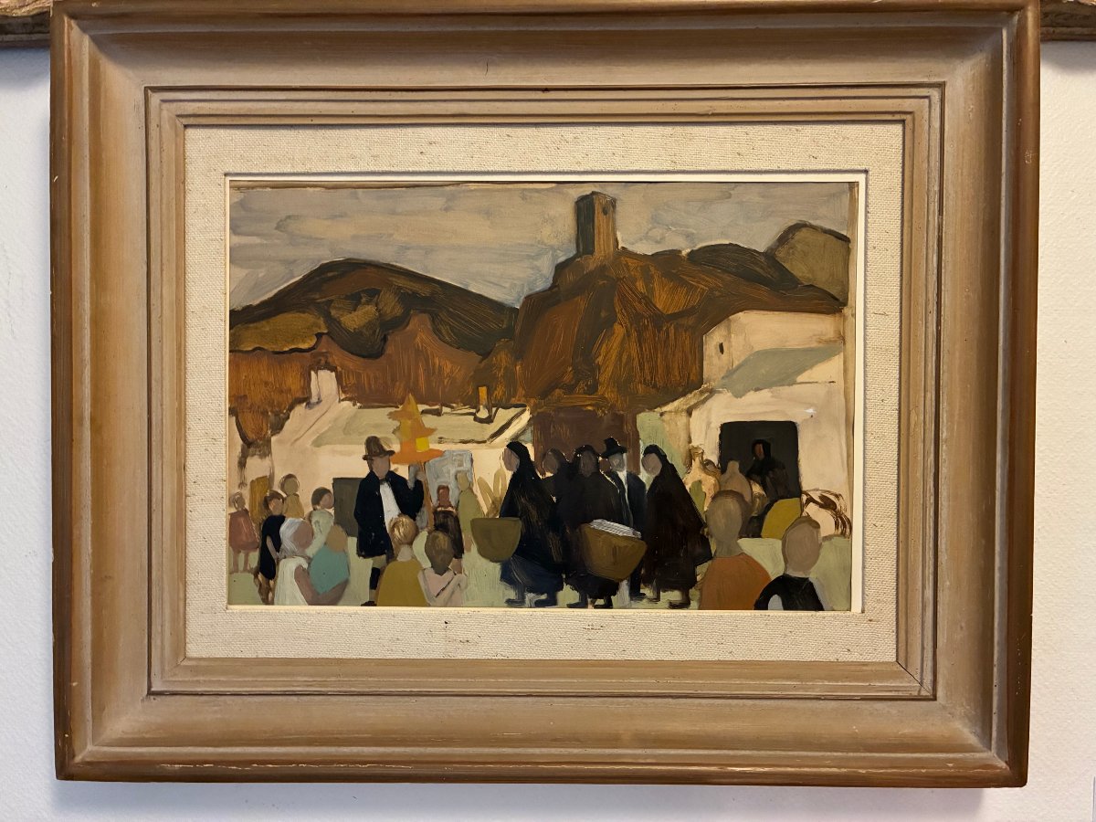 Paysage sud Américain ou Espagnol. huile sur Papier. jour de Marché.