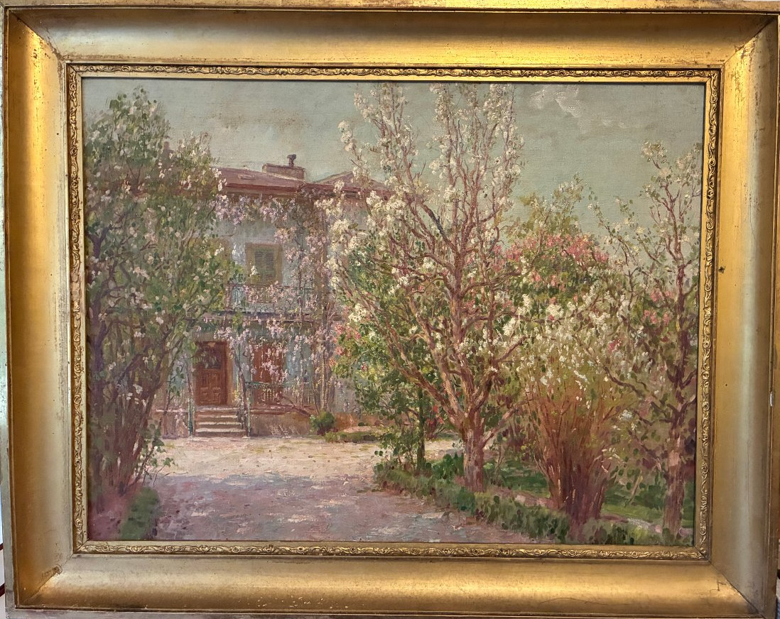 L' allée fleurie et la villa. Toile impressionniste d' Albert Charpentier.-photo-2