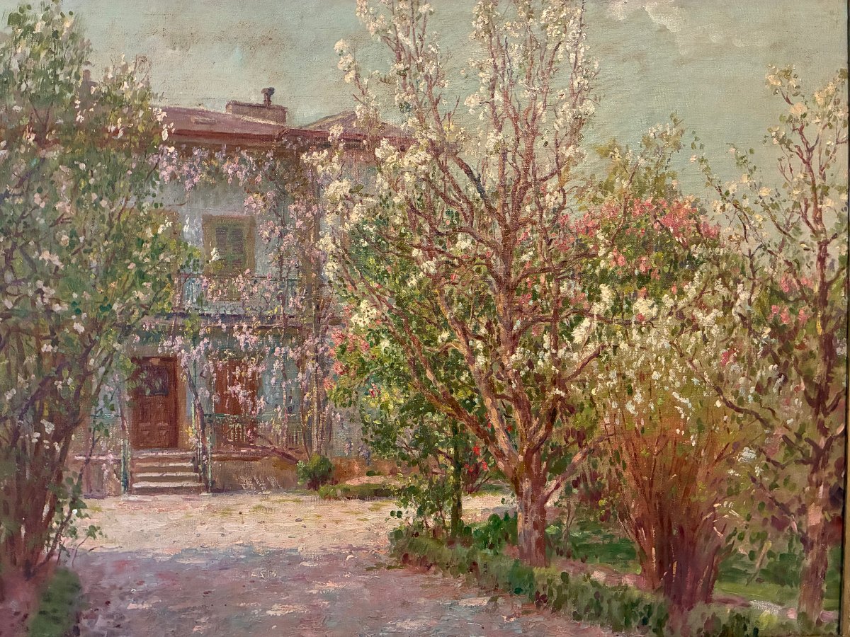 L' allée fleurie et la villa. Toile impressionniste d' Albert Charpentier.-photo-3