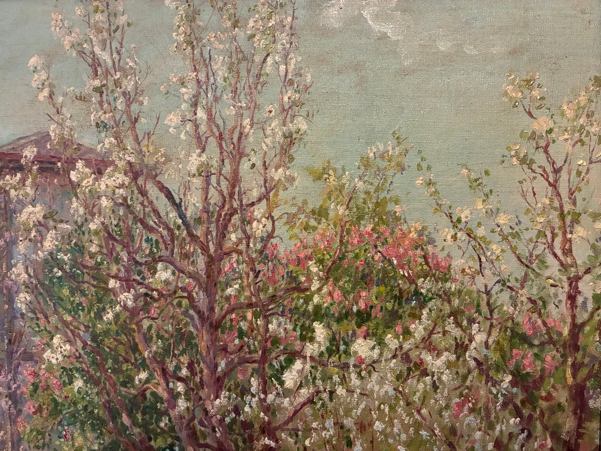 L' allée fleurie et la villa. Toile impressionniste d' Albert Charpentier.-photo-4