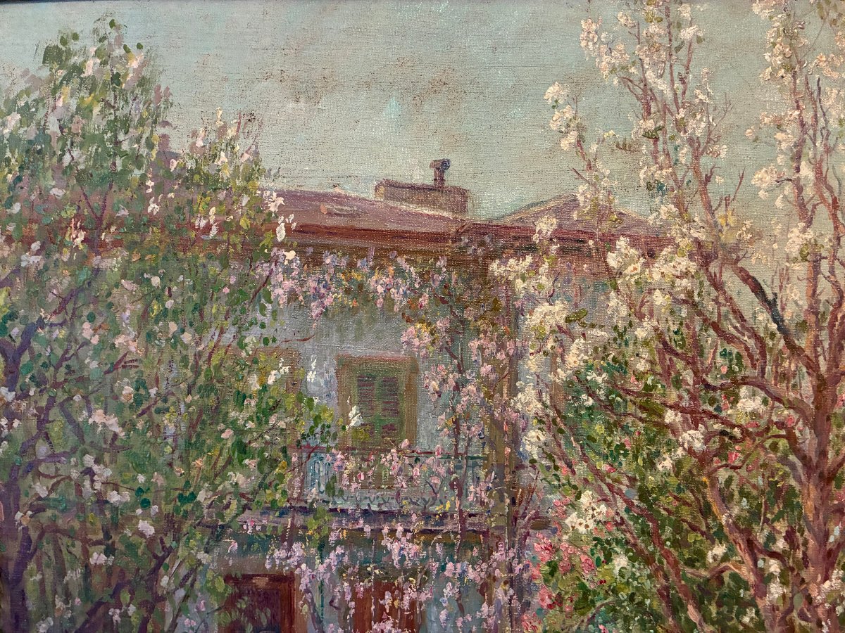 L' allée fleurie et la villa. Toile impressionniste d' Albert Charpentier.-photo-1