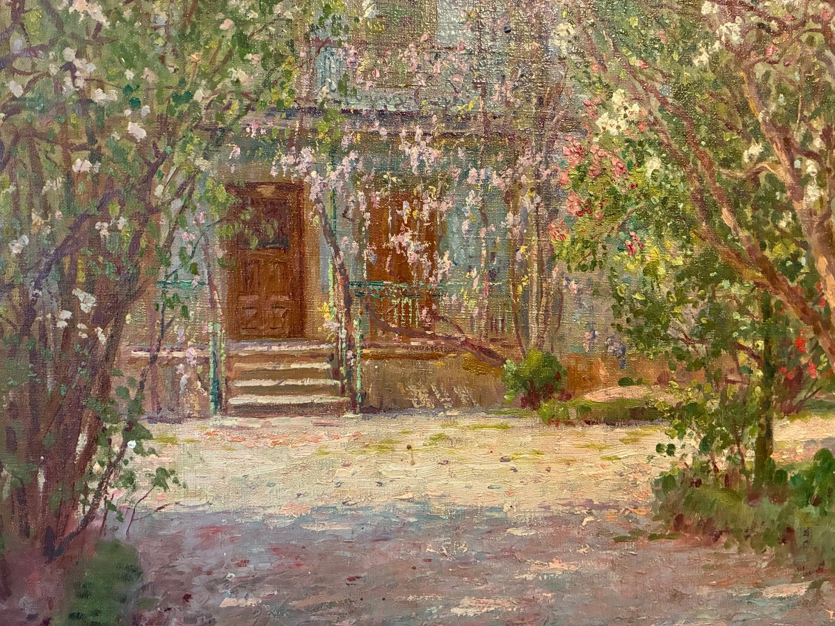 L' allée fleurie et la villa. Toile impressionniste d' Albert Charpentier.-photo-2