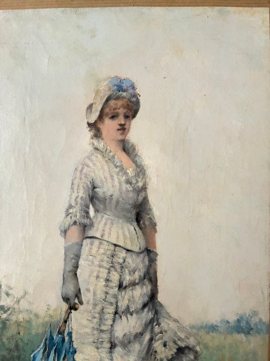 An Elegant Lady Out For A Walk. Oil On Canvas, Circa 1900. Louis Chevalier. (19th–20th Centuries). French School.-photo-4