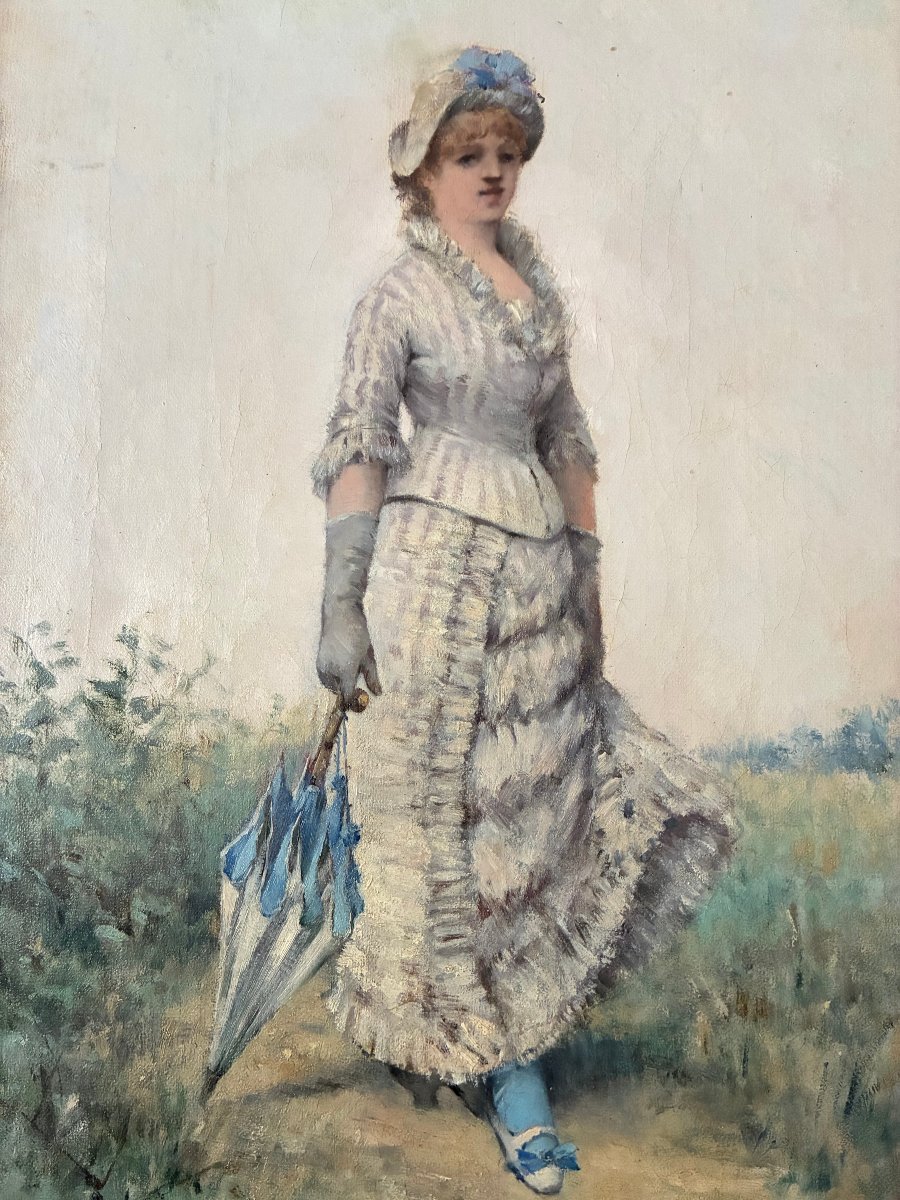 An Elegant Lady Out For A Walk. Oil On Canvas, Circa 1900. Louis Chevalier. (19th–20th Centuries). French School.-photo-2