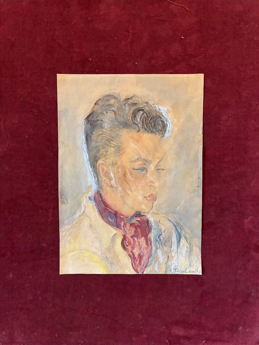 Portrait d' Hubert de Saint-Senoch. C. TERECHKOVITCH. ( 1902-1978). Technique mixte.-photo-2