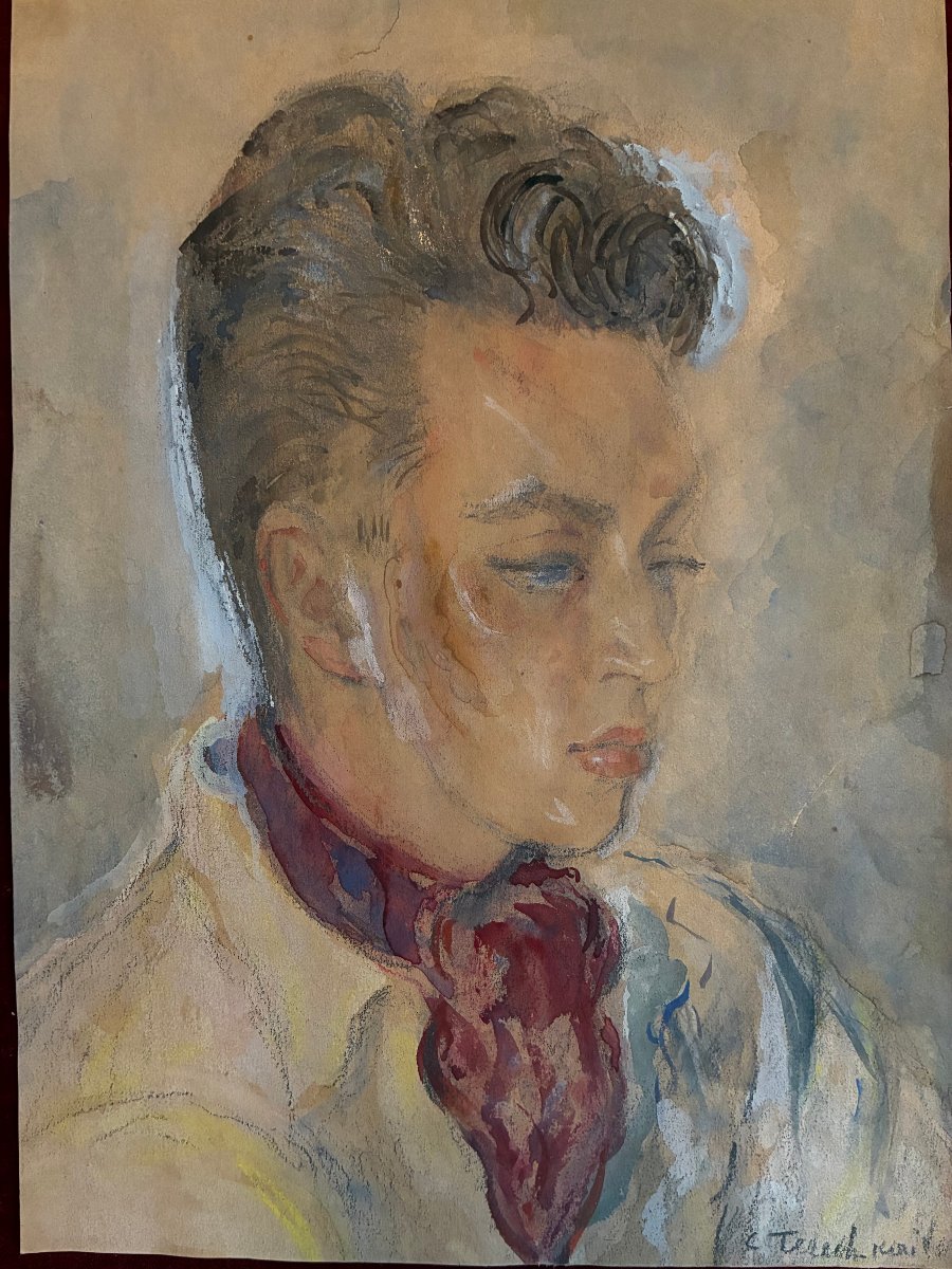 Portrait d' Hubert de Saint-Senoch. C. TERECHKOVITCH. ( 1902-1978). Technique mixte.-photo-1
