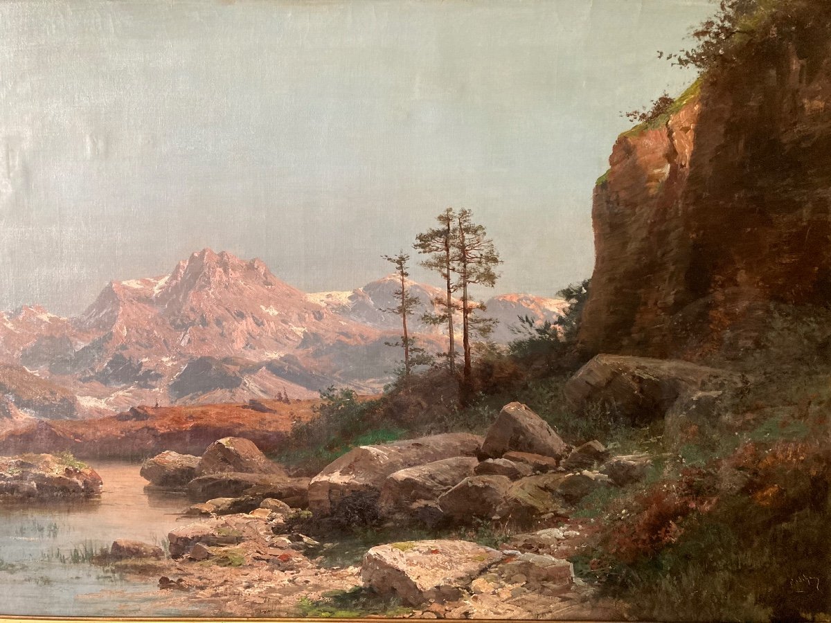 Importante Toile XIXeme D’ émile Godchaux. Paysage De Montagne.-photo-1