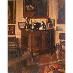 Toile. Intérieur Du Peintre Jean Colin. ( 1881-1961 ). école Belge.