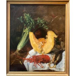 Belle Nature Morte à La langouste . 1860. Signée  H. Gruyer.